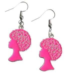 Breast Cancer Awareness Earrings Pink Silver Black Girl Afro Ethnic Fighter